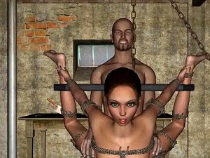 Gefesselte und hängende 3D-Cartoon-Babe wird gefickt. Ständer