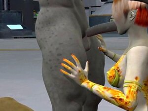 3D-tecknad Alien Vixen får en dubbelteaming. Munvattnande 3D-tecknade